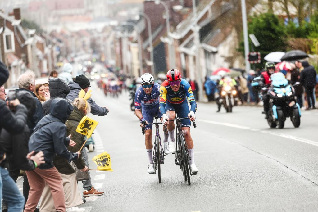 Belgian Gianni Vermeersch of Alpecin-Deceuninck and Danish Mads Pedersen of Lidl-Trek pictured in action on Hotond during the men's race of the 'Ronde van Vlaanderen/ Tour des Flandres/ Tour of Flanders' one day cycling event, 270,8km from Antwerp to Oudenaarde, Sunday 31 March 2024. BELGA PHOTO DAVID PINTENS (Photo by DAVID PINTENS / BELGA MAG / Belga via AFP)