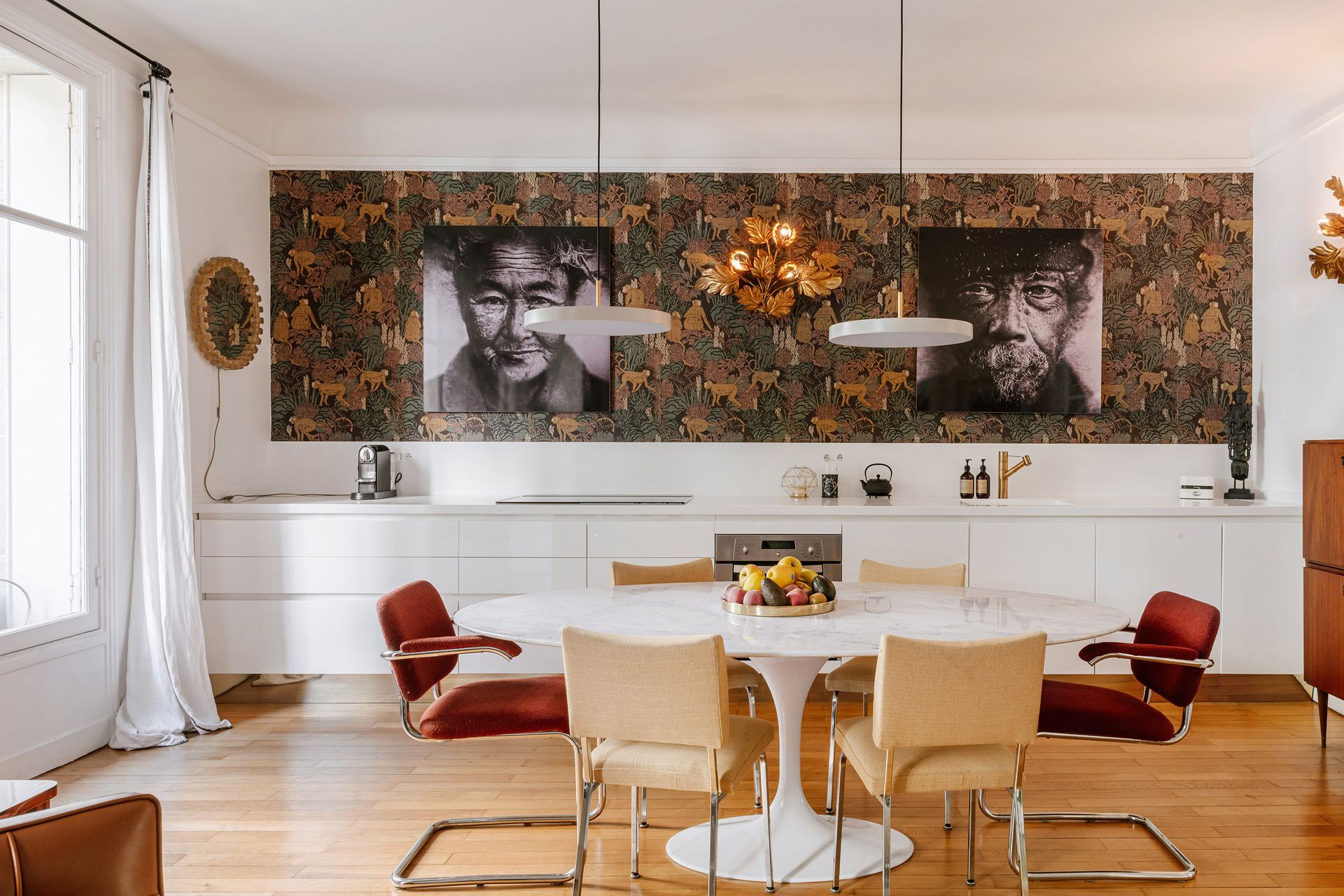 open plan white kitchen with no upper cabinets