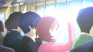 A screenshot of a cutscene from Persona 3 Reload showing the protagonist arriving by train