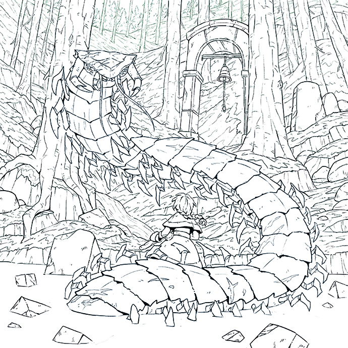 A black-and-white illustration of a huge serpent and a young female character