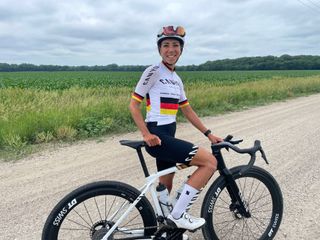 Carolin Schiff before a recon ride at the 2024 Unbound Gravel 200 in the German national champion&#039;s kit