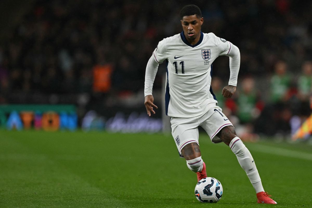 Marcus Rashford on the ball for England against Albania in March 2025.