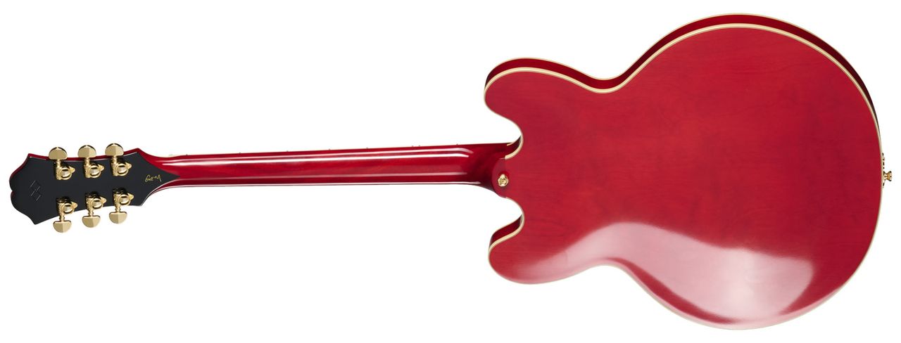 Epiphone Masterbilt Gem Archer Sheraton: this cherry red doozie honours the Oasis guitarist with a top-line build featuring Gibson USA mini-humbuckers.