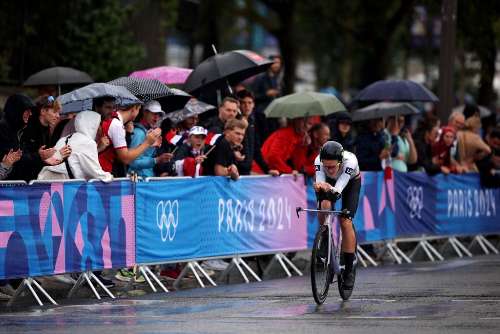 PARIS FRANCE JULY 27 Taylor Knibb of Team United States near to the Assemblee Nationale during the Womens Individual Time Trial on day one of the Olympic Games Paris 2024 at Pont Alexandre III on July 27 2024 in Paris France Photo by Jared C TiltonGetty Images