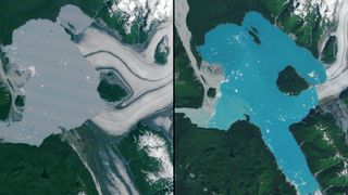 two satellite photos of a lake; on the left, much of the surface is covered in ice. on the right, the ice has frozen to reveal blue water and a previously unseen island