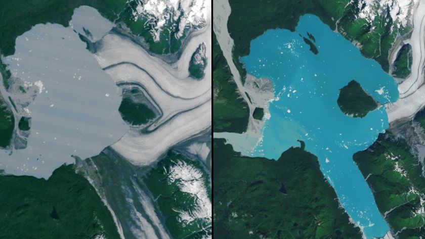 two satellite photos of a lake; on the left, much of the surface is covered in ice. on the right, the ice has frozen to reveal blue water and a previously unseen island