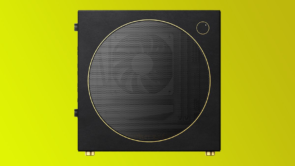The Geometric Future mini-ITX Model 0 Flamingo PC case on a yellow gradient background.