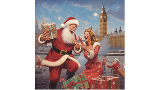 Santa in the UK, United Kingdom, London gving gifts to a laughing woman outside Big Ben