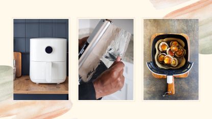 a composite image featuring three pictures – one of a white air fryer in a kitchen, and another of a person holding aluminium foil and an air fryer basket lined with parchment paper, with a watercolour background to the image – to illustrate can you put foil in an air fryer?