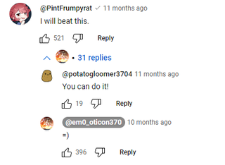 The Youtube comment from Pint reads: "I will beat this." to which Em0_oticon responds with a smiley face emoji.