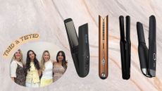 four of the best cordless straighteners next to a photo of the team with a 'tried & tested' badge