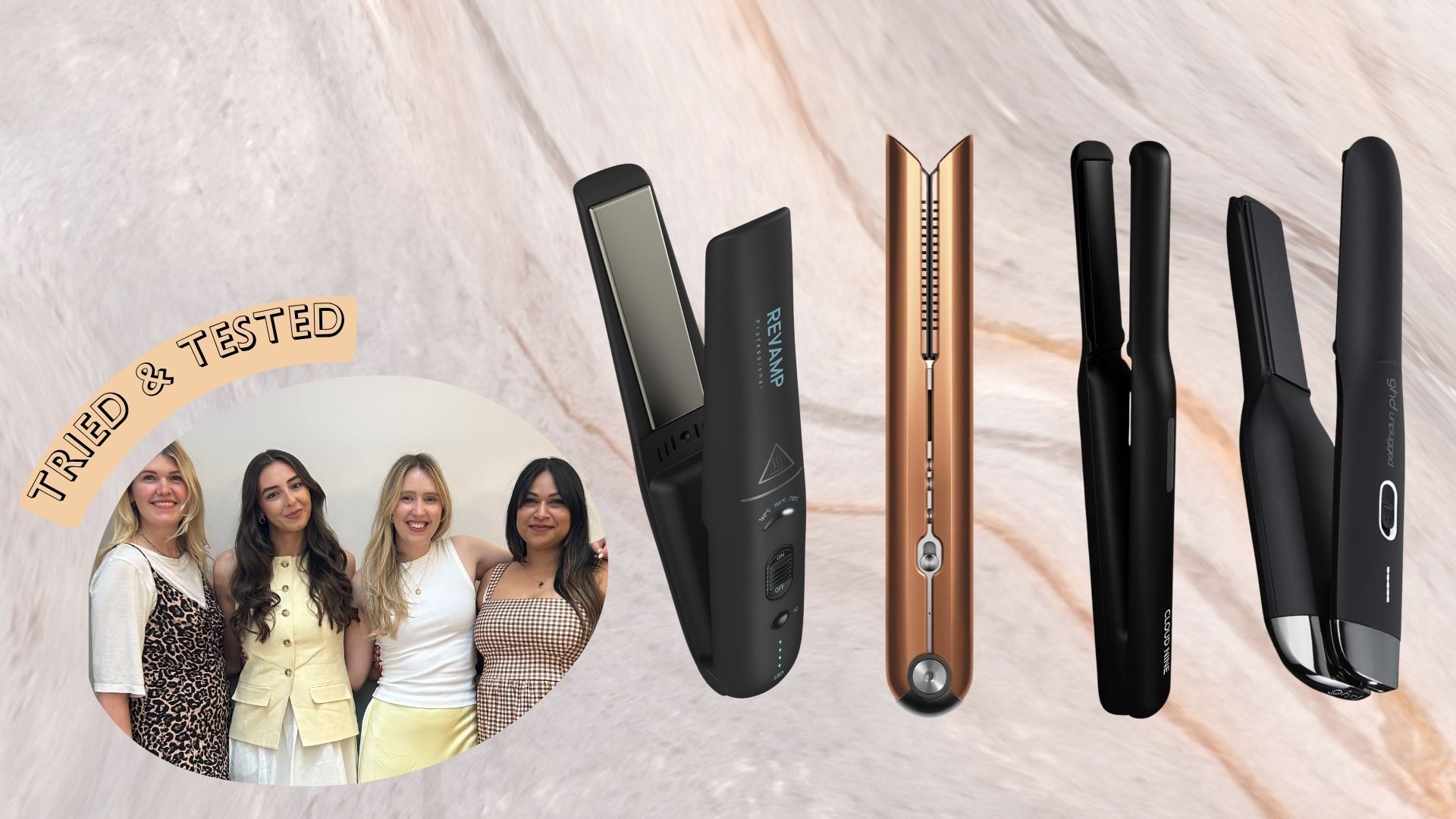 four of the best cordless straighteners next to a photo of the team with a 'tried &amp; tested' badge