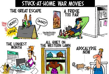 Editorial Cartoon U.S. War movies binge watch quarantine The Great Escape Bridge over River Kwai Apocalypse Now