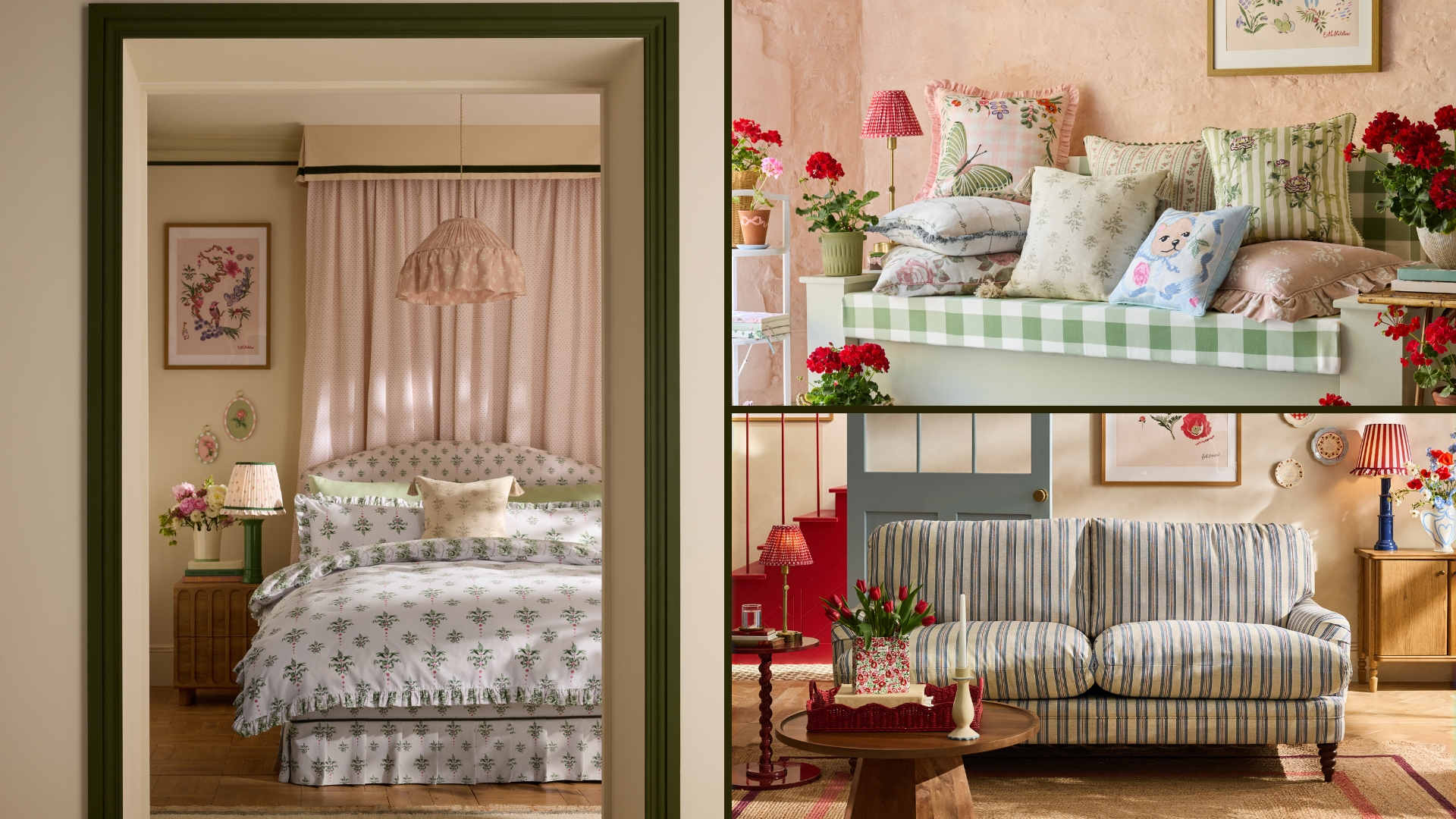Cath Kidston homeware, a striped sofa, pillows, and bedding
