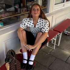 Influencer wears the Shrimps Rowan blouse.