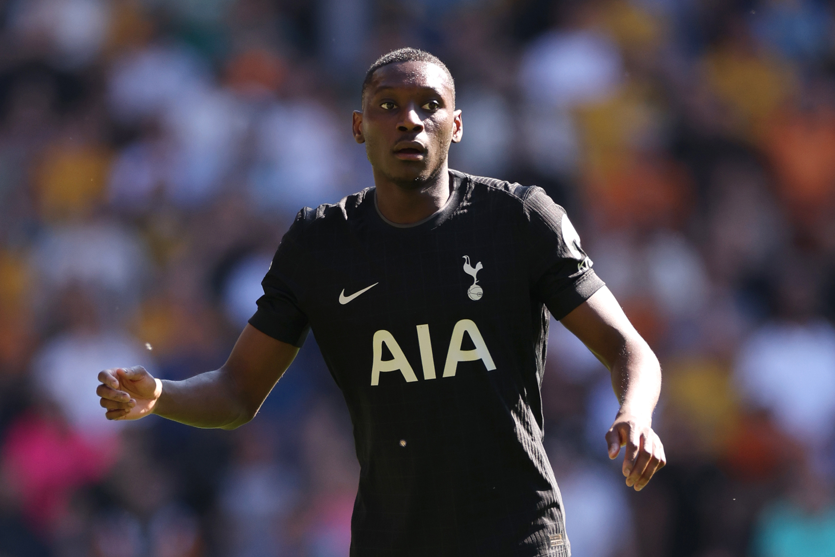 WOLVERHAMPTON, ENGLAND - APRIL 25: Randal Kolo Muani of Tottenham Hotspur reacts during the Premier League match between Wolverhampton Wanderers and Tottenham Hotspur at Molineux on April 25, 2026 in Wolverhampton, England. (Photo by Lewis Storey - Danehouse/Getty Images)