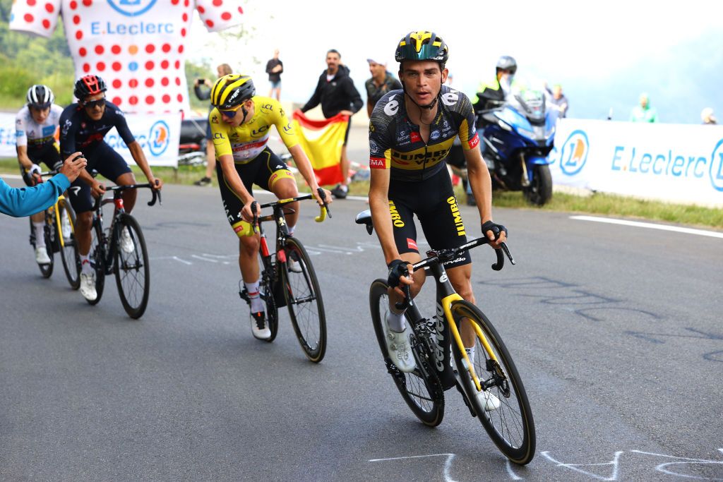 LUZ ARDIDEN FRANCE JULY 15 Jonas Vingegaard of Denmark and Team JumboVisma White Best Young Rider Jersey Richard Carapaz of Ecuador and Team INEOS Grenadiers Tadej Pogaar of Slovenia and UAETeam Emirates Yellow Leader Jersey Sepp Kuss of The United States and Team JumboVisma in the Breakaway during the 108th Tour de France 2021 Stage 18 a 1297km stage from Pau to Luz Ardiden 1715m LeTour TDF2021 on July 15 2021 in Luz Ardiden France Photo by Tim de WaeleGetty Images