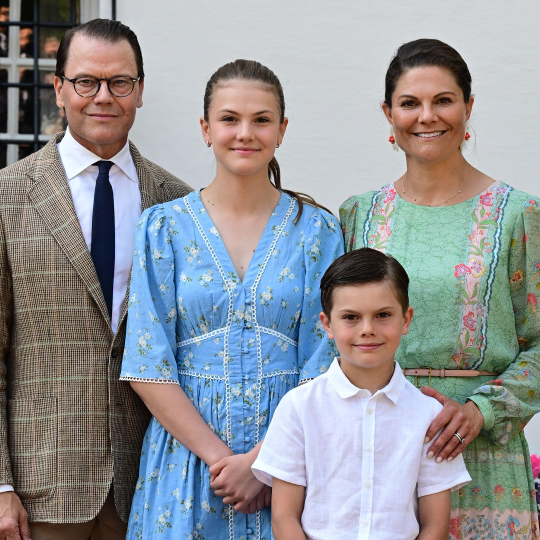 Prince Daniel, Princess Estelle, Prince Oscar and Crown Princess Victoria posing on her birthday in floral dresses and suits