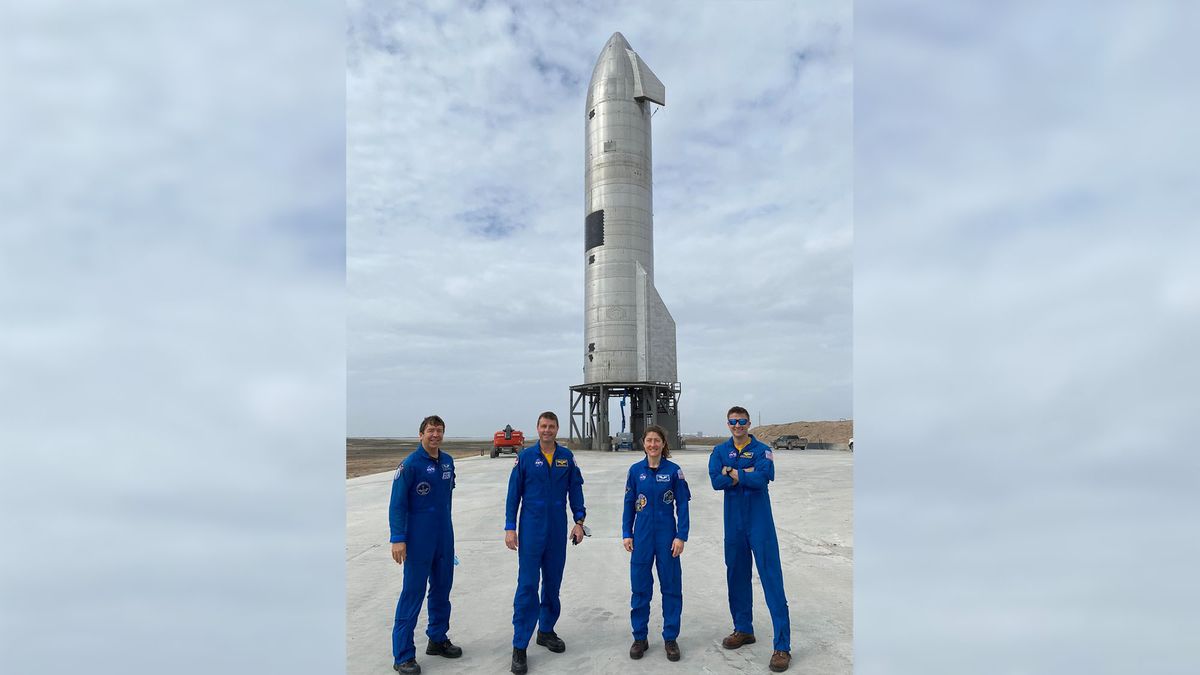 NASA astronauts (from left to right) Michael Barratt, Reid Wiseman, Christina Koch and Matthew Dominick stand in front of SpaceX’s Starship SN11 prototype in South Texas. Koch posted this photo on Twitter on March 23, 2021.