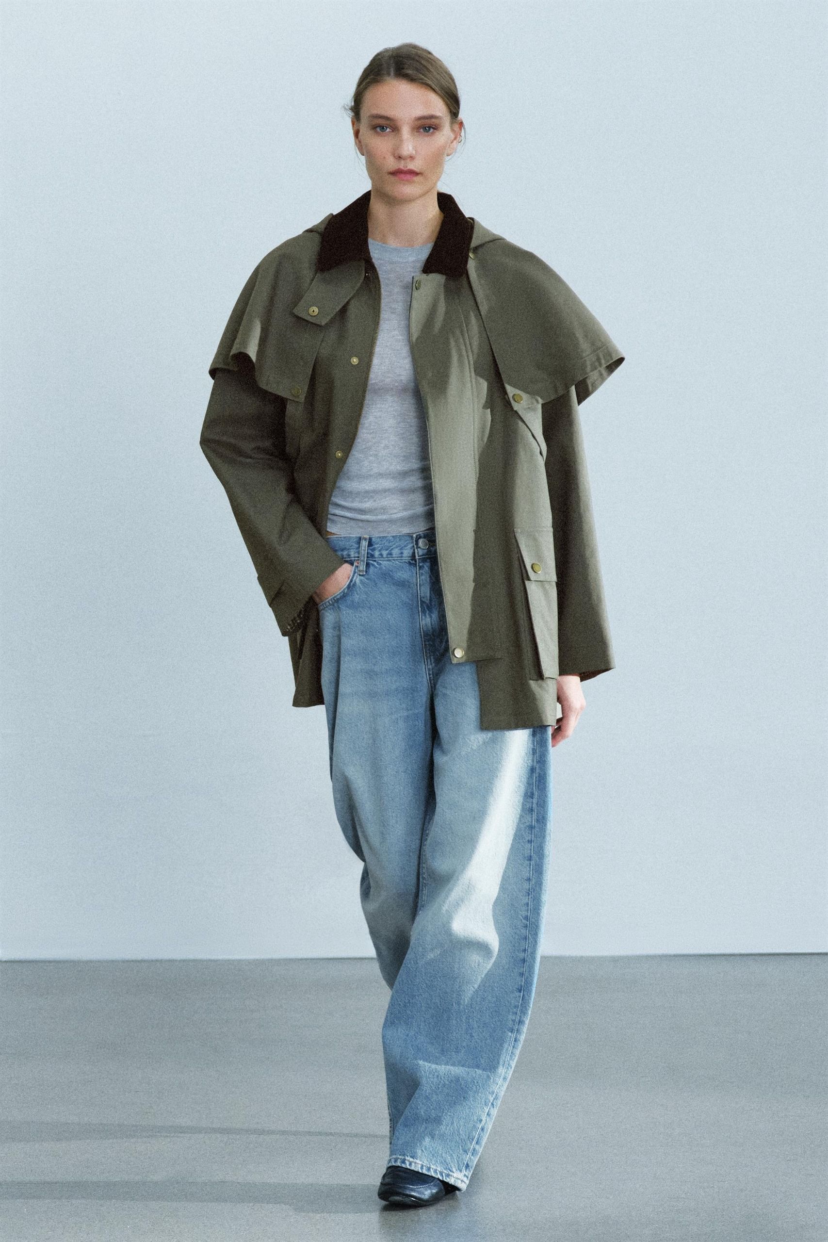 Zw Collection Contrast Collar Hooded Trench Coat - Grey Green - S