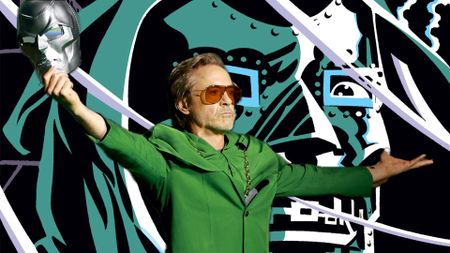 Robert Downey, Jr. brandishing a Doctor Doom mask at SDCC 2024, against the backdrop of Doom's face on the cover of West Coast Avengers #35