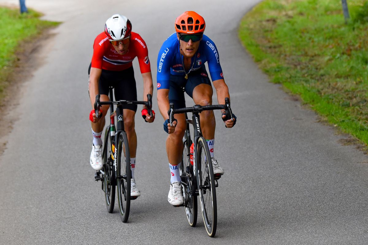 2020 UEC Road European Championships Men Elite Road Race Plouay Plouay 17745 km 26082020 Matteo Trentin Italy Sven Erik Bystrom Norway photo Dario BelingheriBettiniPhoto2020
