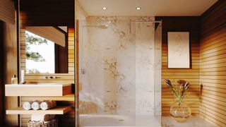 Wet room with wooden panelling and marble backdrop and floor