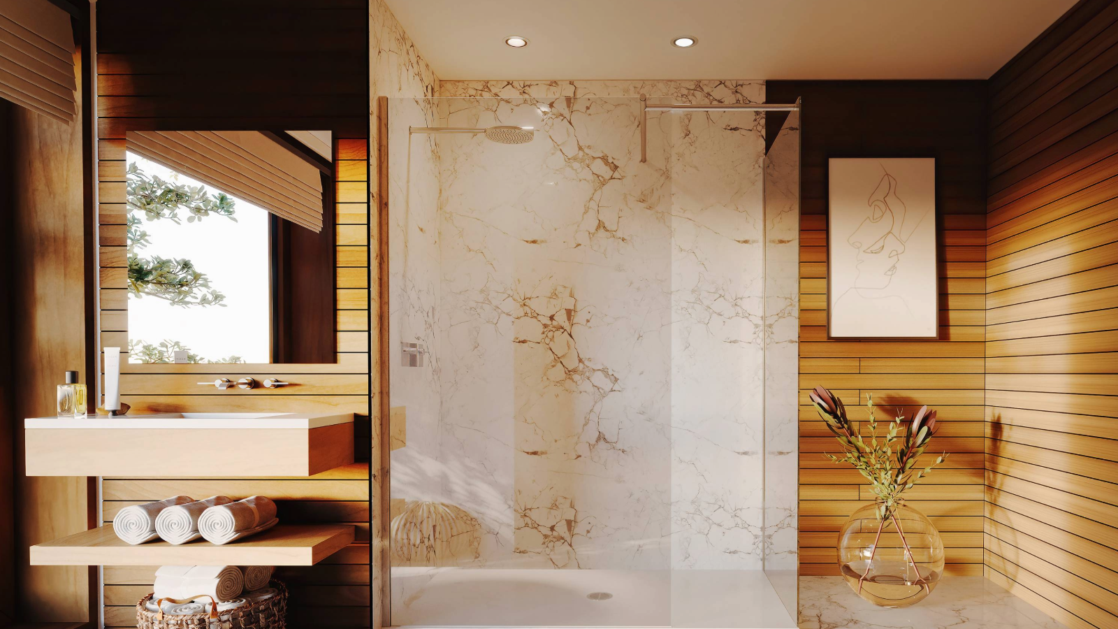 Wet room with wooden panelling and marble backdrop and floor