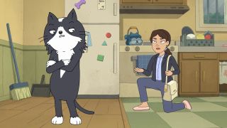 Kevin the cat stands moodily in front of owner Dana in animated series Kevin.