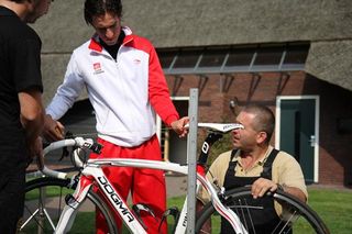 Caisse d'Epargne's Dani Moreno was checking out his mechanic's handy work, ensuring everything about his ride was up to standard with the International Cycling Union's rule book.