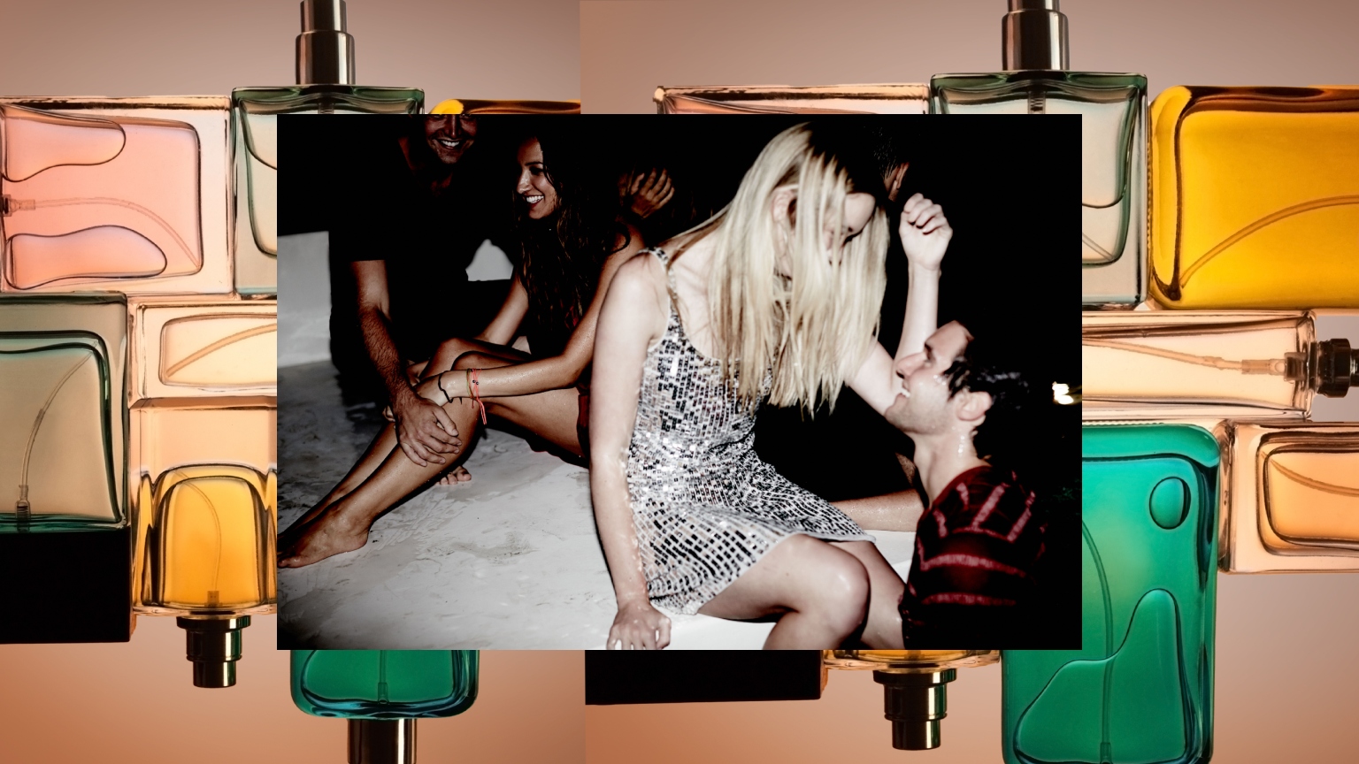 a background of pastel perfume bottles under a shot of glamorous party goers in chic outfits