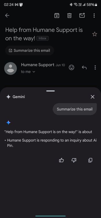 Gemini summarizes this email feature on Gmail for Android