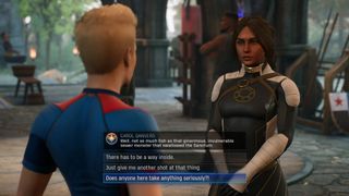 Midnight Suns Hunter chatting to Captain Marvel