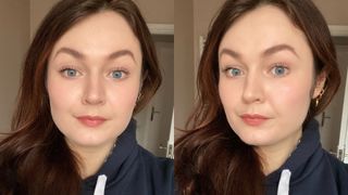 Writer Lucy wearing MACStack Mascara using the mega brush (left) and micro brush (right)