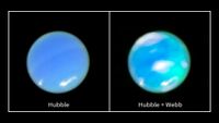 side by side images of a blue planet with one on the right showing a brighter blue glow over part of the orb