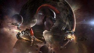 A masculine character with a mohawk and goggles is superimposed over a planet and its moon in the background. In the foreground, ships are battling with one another, from right to left.