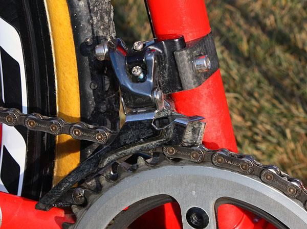 The Force front derailleur is attached to a carbon fibre braze-on adapter from Parlee.