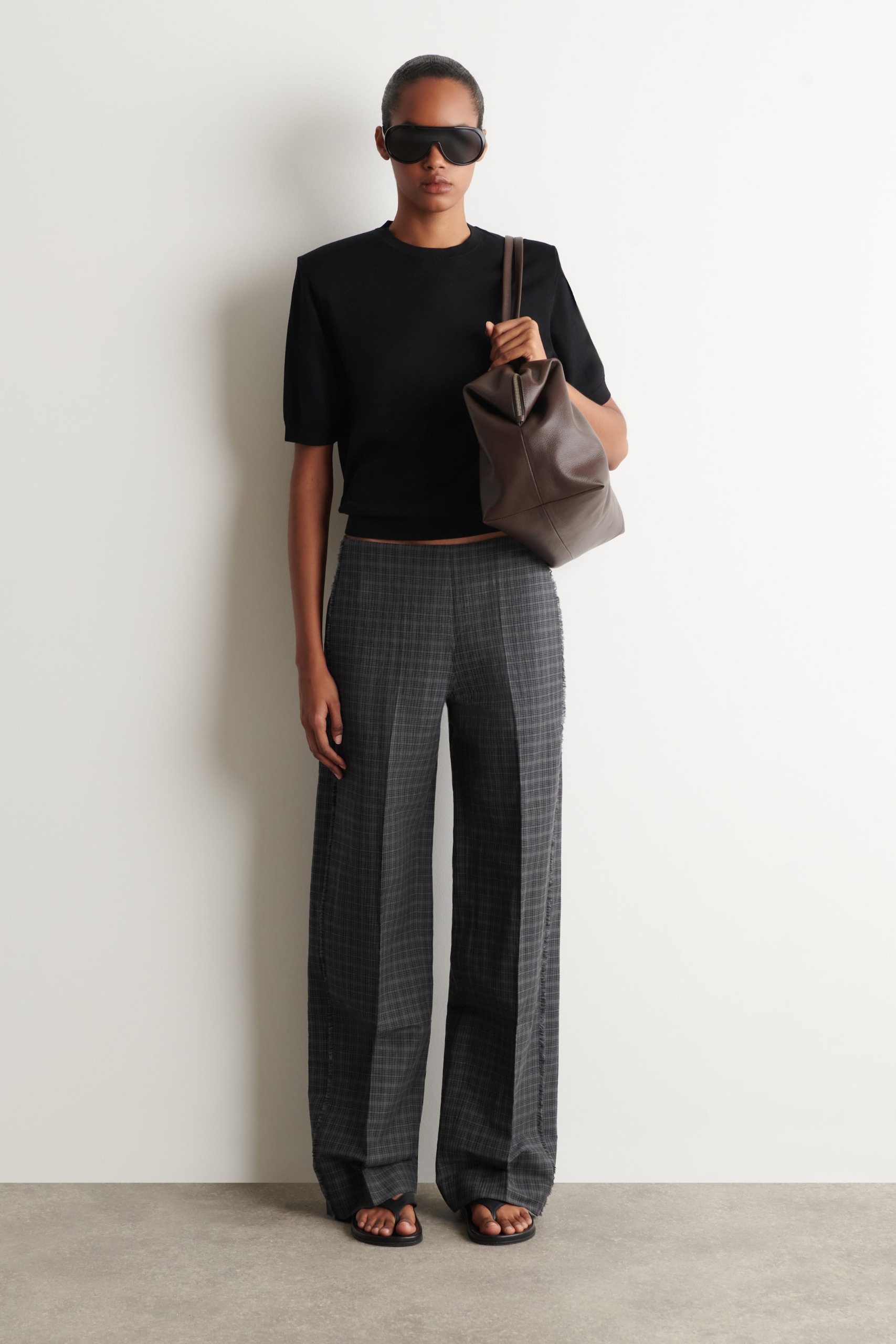 Fringed Checked Linen-Cotton Trousers