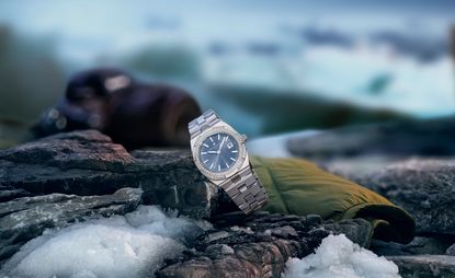 Vacheron Constantin watch against icy landscape, photographed by Zaria Forman