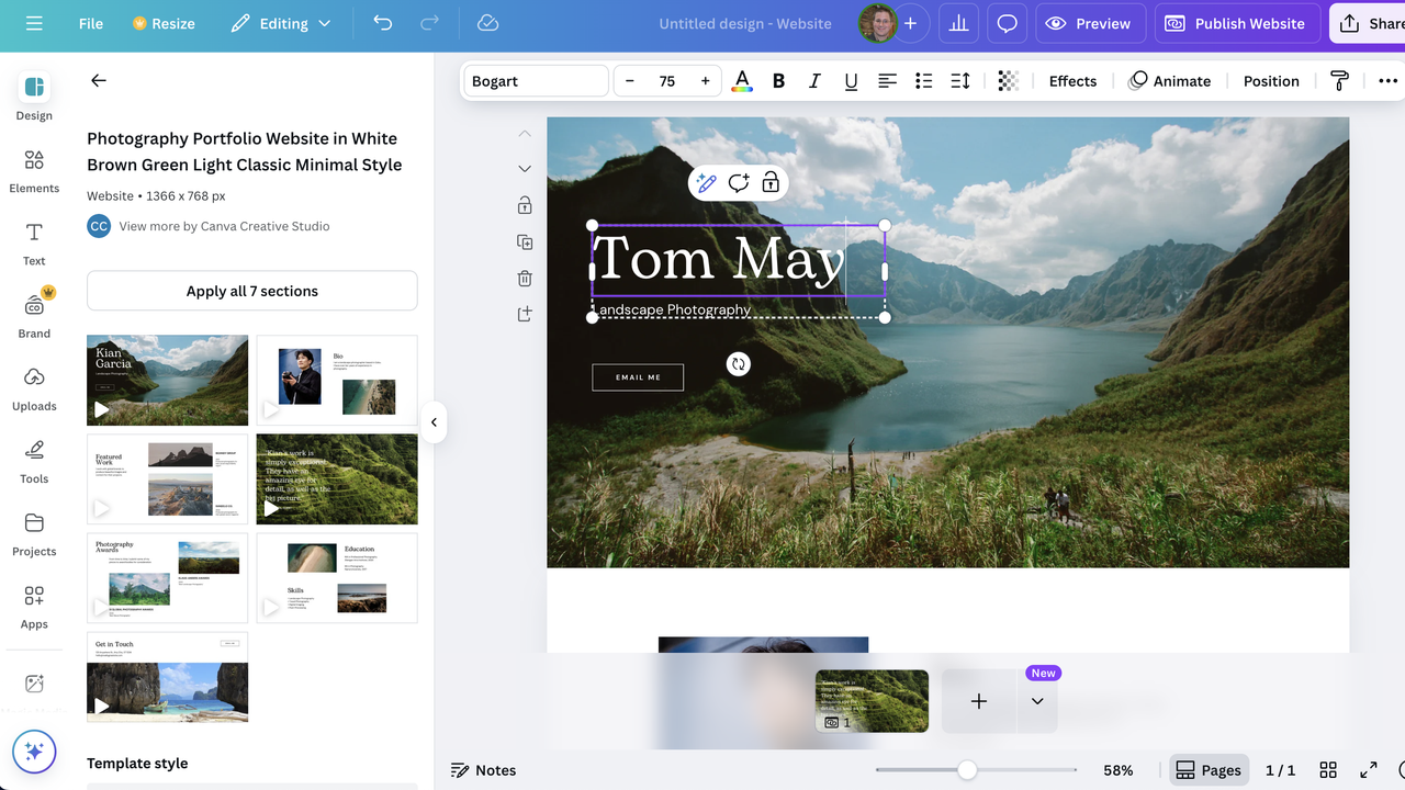 Website template being edited in Canva Websites