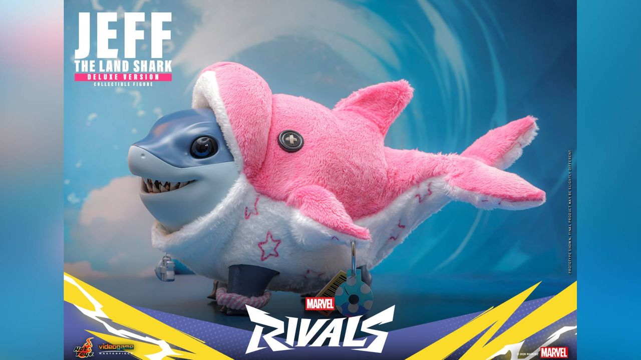 Official marketing image for the Marvel Deluxe Edition Jeff the Land Shark Hot Toys figure.