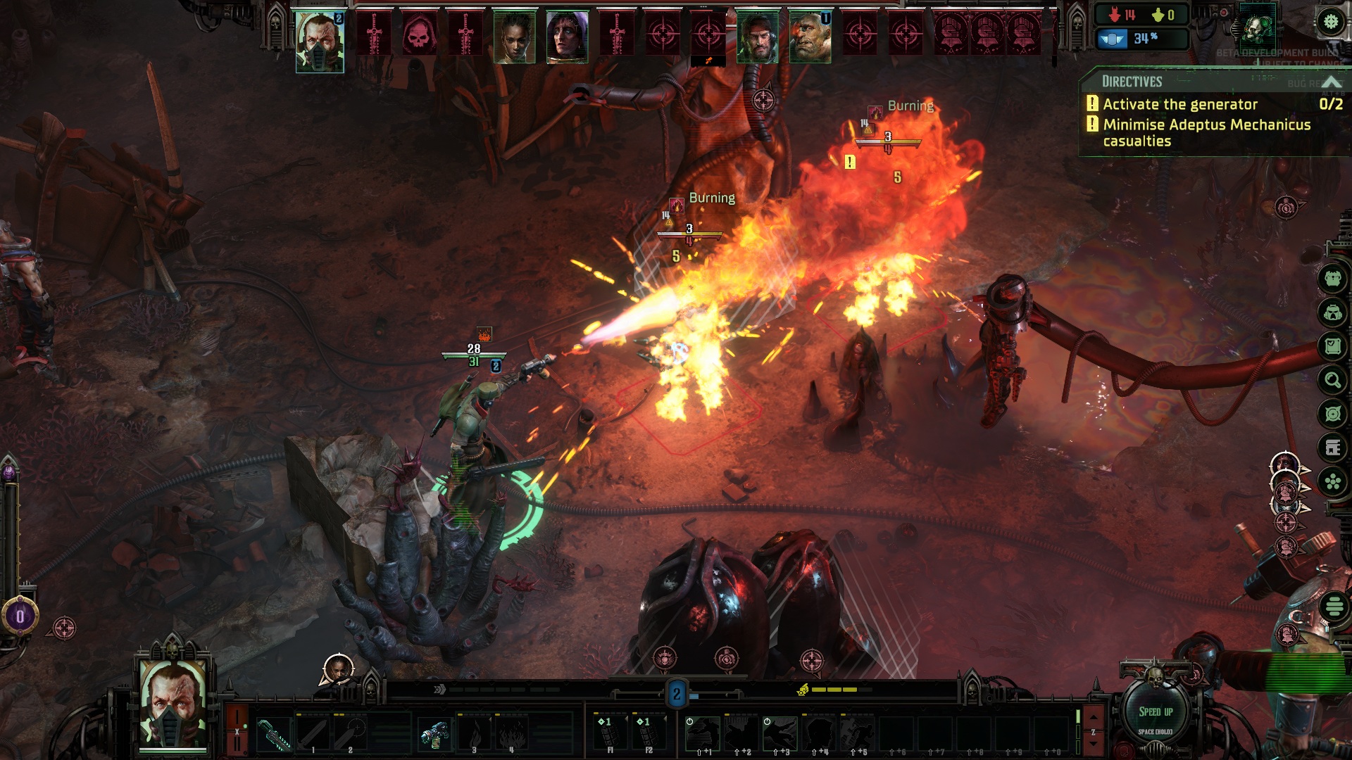 A dynamic action scene shows the central figure using a flamethrower to set enemies on fire. The interface displays objectives and character portraits, creating an intense and strategic atmosphere.