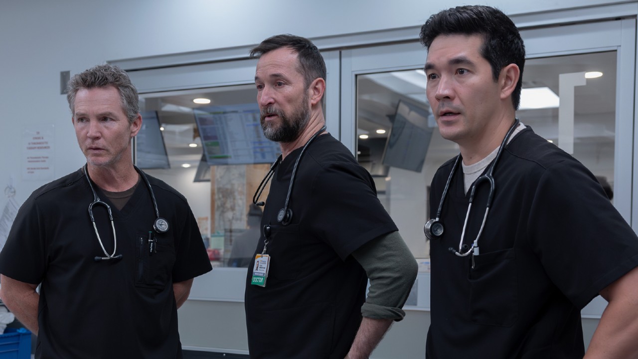 From left to right: Shawn Hatosy as Abbot, Noah Wyle as Robby and Ken Kirby as Shen, all looking forward with concerned looks. 