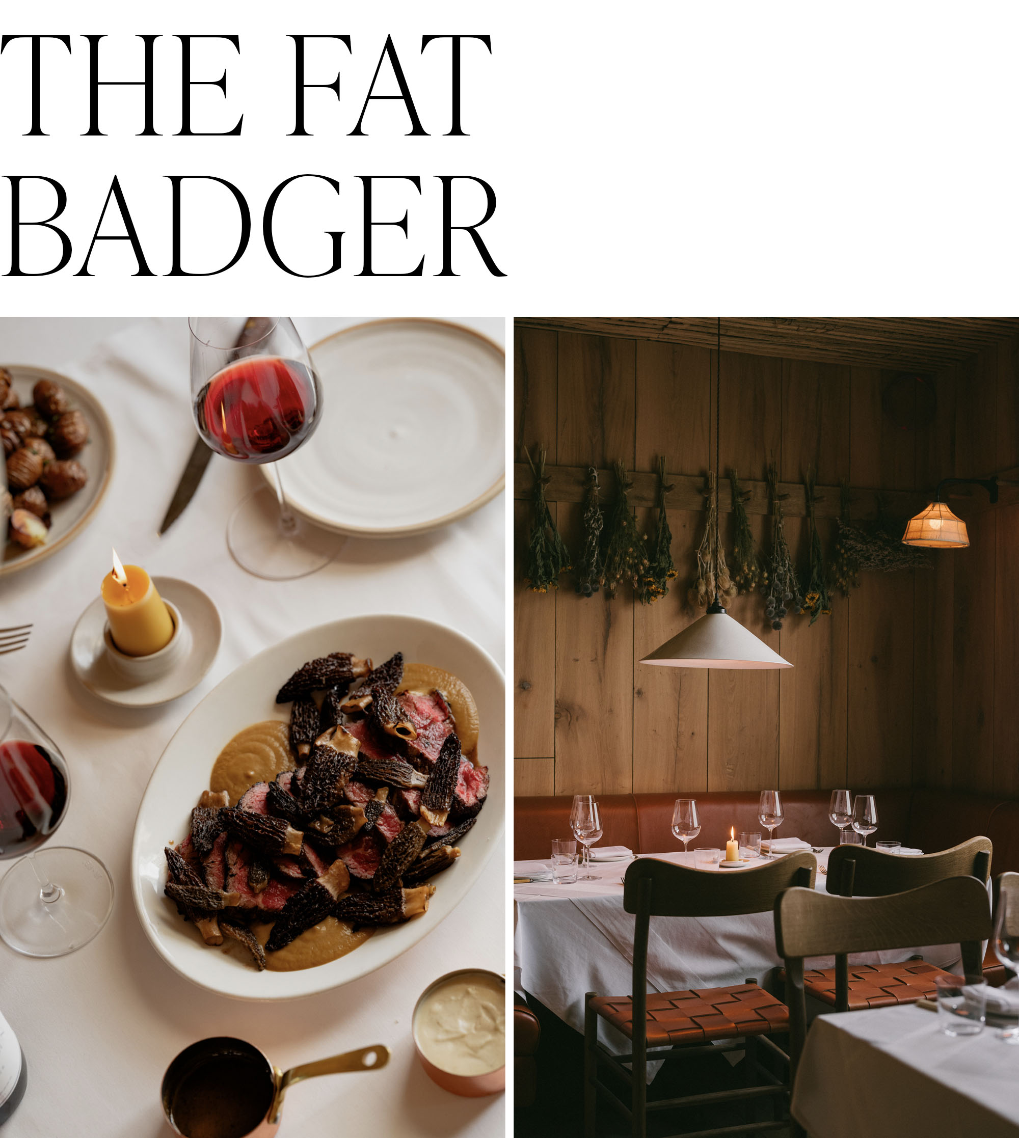 Collage of dishes featured at London's The Fat Badger restaurant and one of its decorated tables.