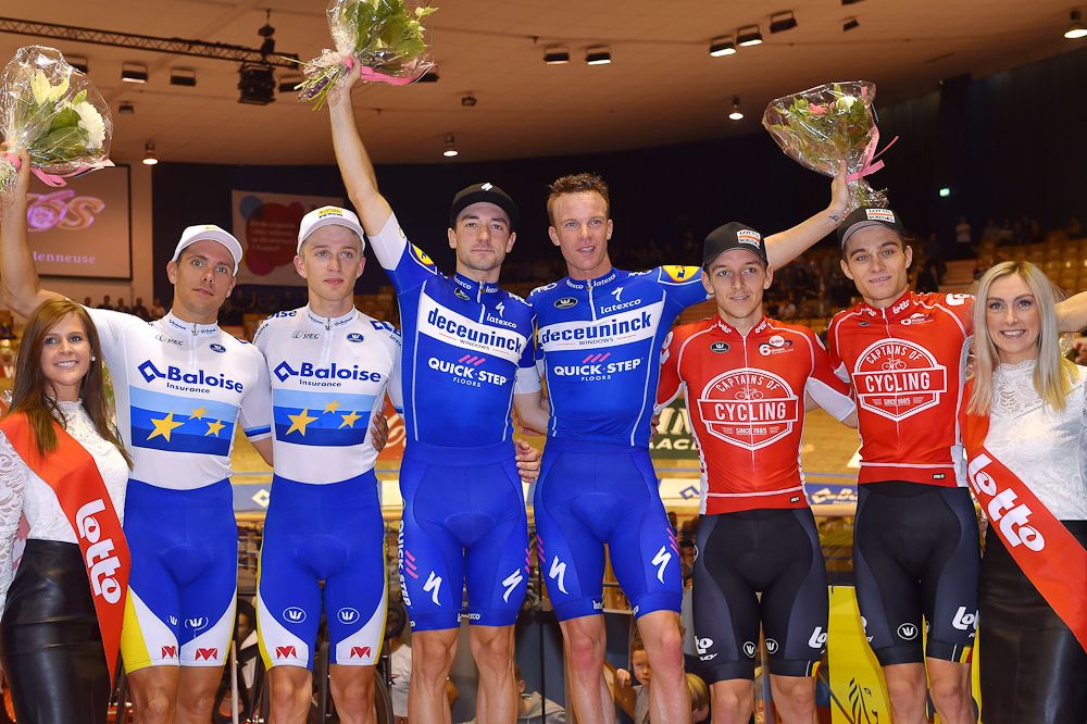 Gent Six Podium: Robbe Ghys and Kenny de Ketele; Elia Viviani and Iljo Keisse; Jasper De Buyst and Tosh Van der Sande
