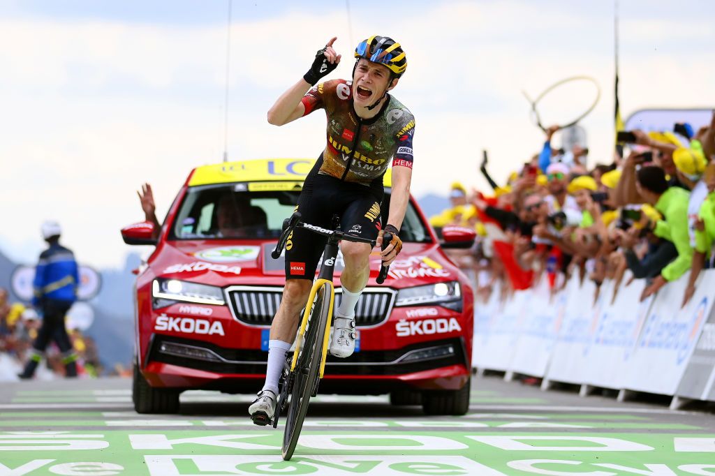 SERRE CHEVALIER FRANCE JULY 13 Jonas Vingegaard Rasmussen of Denmark and Team Jumbo Visma celebrates at finish line as stage winner during the 109th Tour de France 2022 Stage 11 a 1517km stage from Albertville to Col de Granon Serre Chevalier 2404m TDF2022 WorldTour on July 13 2022 in Col de GranonSerre Chevalier France Photo by Tim de WaeleGetty Images