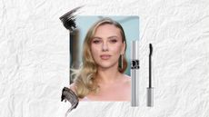 Image of Scarlett Johansson smiling with curled long blonde hair to one side and wearing a strapless gown, on a white textured background with Dior's Diorshow Iconic Overcurl Mascara and mascara swatches