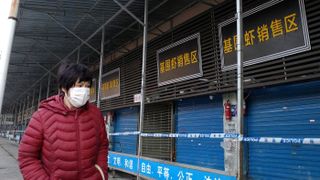 A woman walks in front of a closed seafood market in Wuhan, China. Officials believe the market is linked with an outbreak of pneumonia caused by a new virus. 