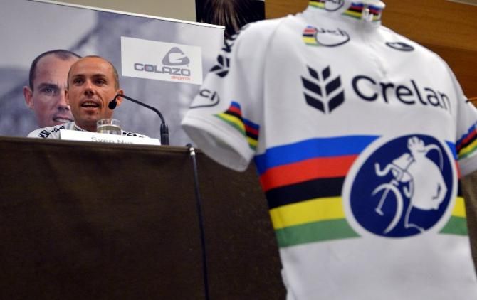 Sven Nys won the second elite cyclo-cross world title of is career in February, 2013 and speaks to the Belgian media after returning home from the Worlds venue in Louisville, Kentucky