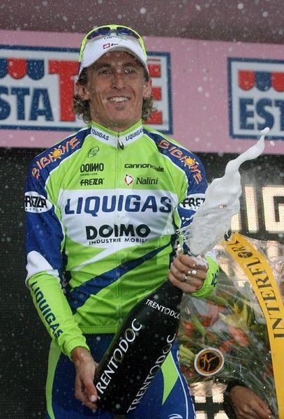 Stage winner Franco Pellizotti (Liquigas) lets loose with the bubbly.